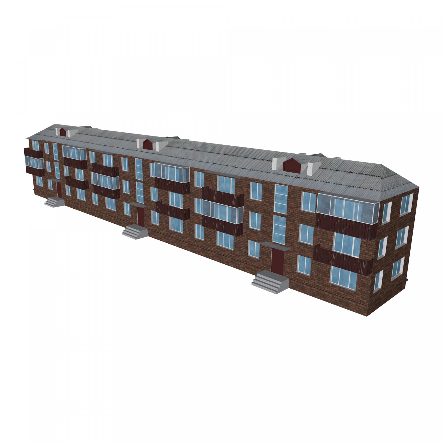 brick 3-storey apartment building 3D Model .c4d .max .obj .3ds .fbx .stl .blend 