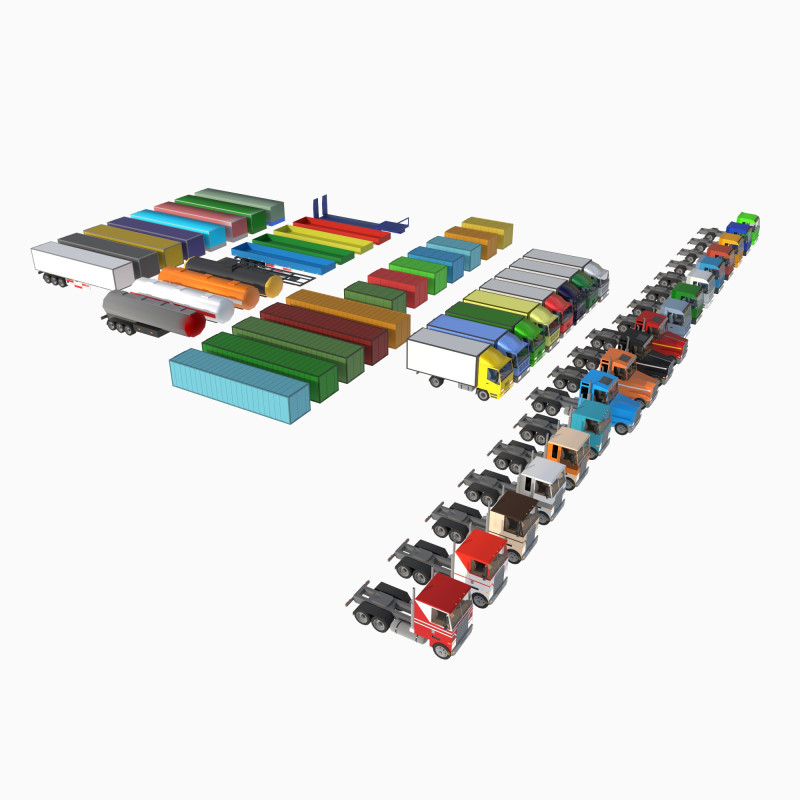Set of trucks and trailers 3D Model .c4d .max .obj .3ds .fbx .stl .blend