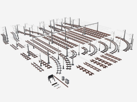 A set of electrified railway tracks and rails 3D मॉडल