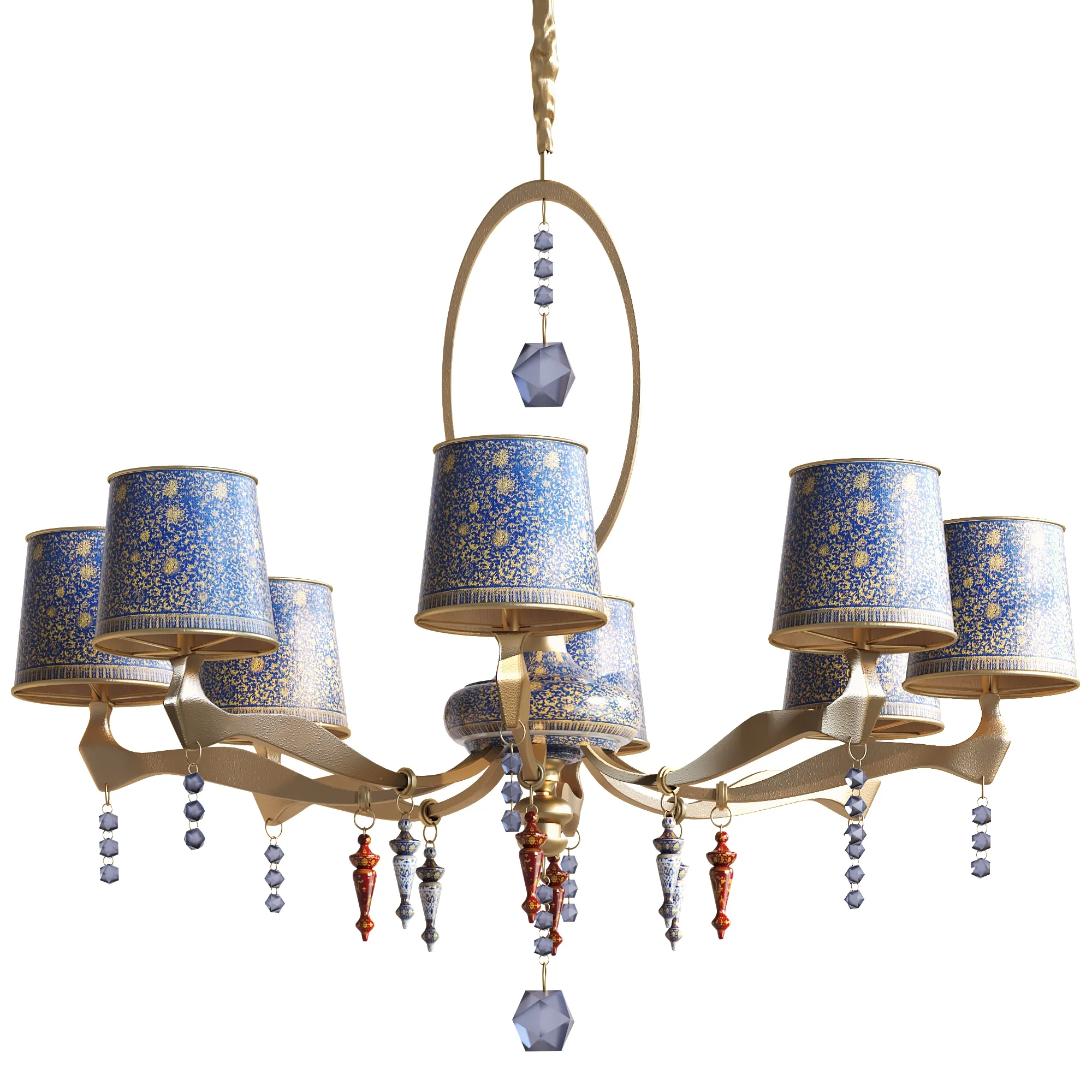 Classic Oriental Brass Chandelier Blue Pattern Shades 1298 low-poly 3D Model .c4d .max .obj .3ds .fbx .stl .blend 