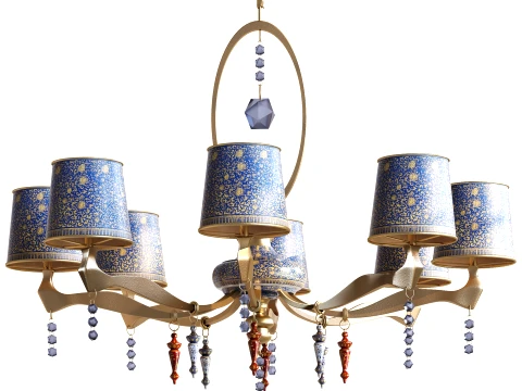 Classic Oriental Brass Chandelier Blue Pattern Shades 1298 low-poly 3D Model