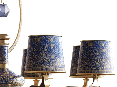 Classic Oriental Brass Chandelier Blue Pattern Shades 1298 low-poly 3D Model