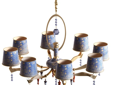 Classic Oriental Brass Chandelier Blue Pattern Shades 1298 low-poly 3D Model