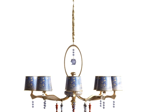 Classic Oriental Brass Chandelier Blue Pattern Shades 1298 low-poly 3D Model