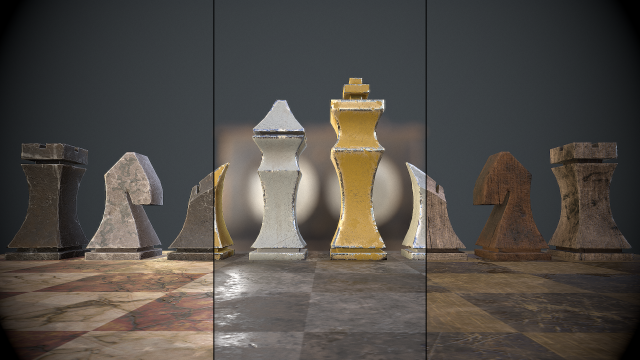 three chess sets with a chessboard and a clock Modelo 3D .c4d .max .obj .3ds .fbx .stl .blend 