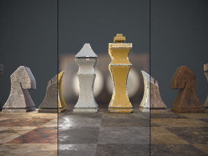 three chess sets with a chessboard and a clock 3D Модель