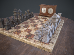 three chess sets with a chessboard and a clock Modelo 3D