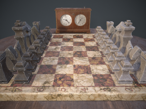 three chess sets with a chessboard and a clock Modelo 3D