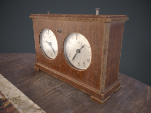 three chess sets with a chessboard and a clock Modelo 3D