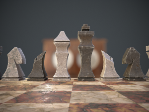 three chess sets with a chessboard and a clock Modelo 3D