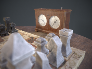 three chess sets with a chessboard and a clock Modelo 3D