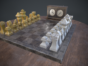 three chess sets with a chessboard and a clock Modelo 3D