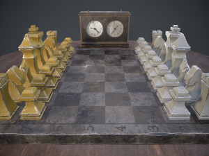 three chess sets with a chessboard and a clock Modelo 3D
