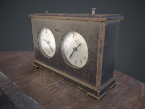 three chess sets with a chessboard and a clock Modelo 3D
