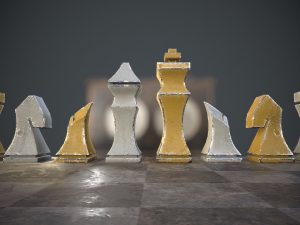 three chess sets with a chessboard and a clock Modelo 3D