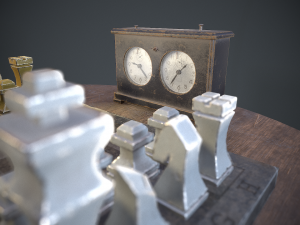 three chess sets with a chessboard and a clock Modelo 3D