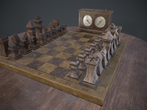 three chess sets with a chessboard and a clock Modelo 3D