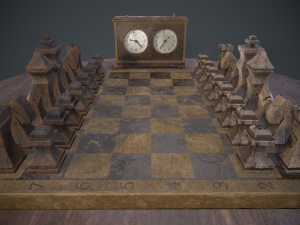 three chess sets with a chessboard and a clock Modelo 3D