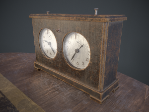 three chess sets with a chessboard and a clock Modelo 3D