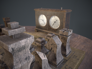 three chess sets with a chessboard and a clock Modelo 3D