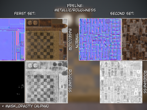 three chess sets with a chessboard and a clock Modelo 3D