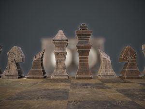 three chess sets with a chessboard and a clock Modelo 3D