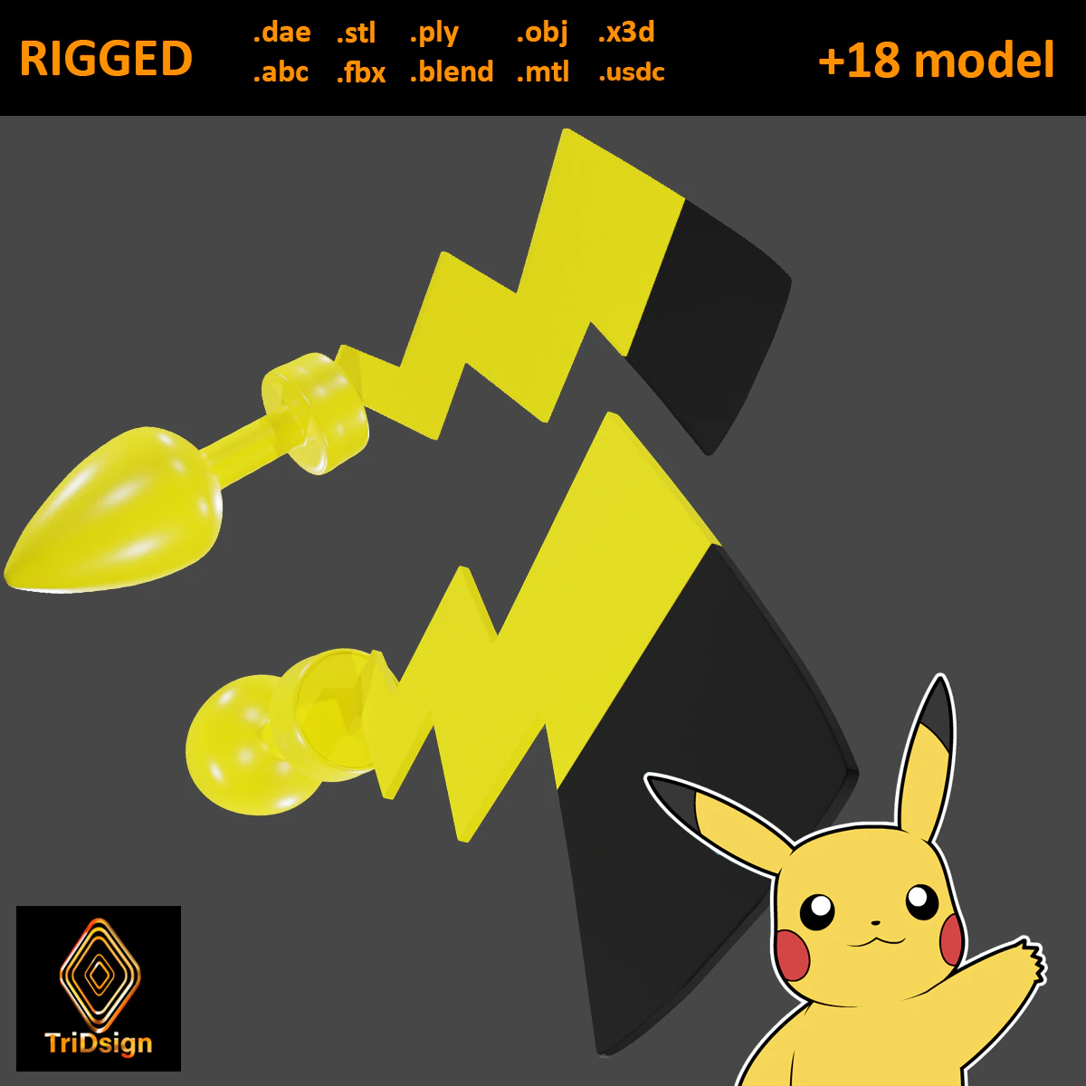Pikachu Tail Plug Sextoy Lowpoly Rigged 3D Model .c4d .max .obj .3ds .fbx .stl .blend 