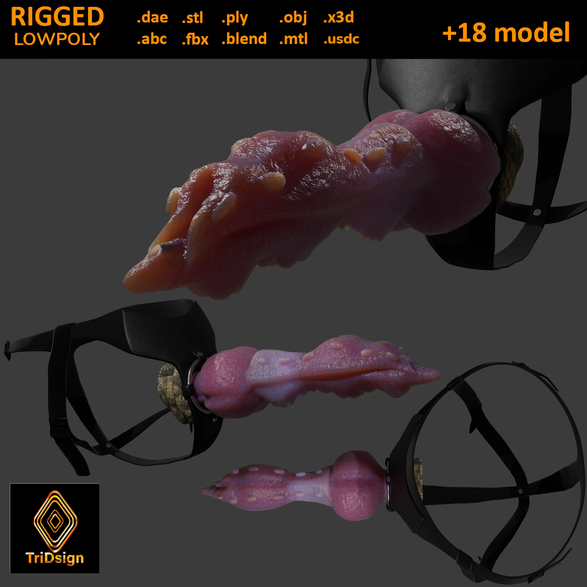 Lowpoly Harness Dragon Penis Sextoy Rigged 3D Model .c4d .max .obj .3ds .fbx .stl .blend 