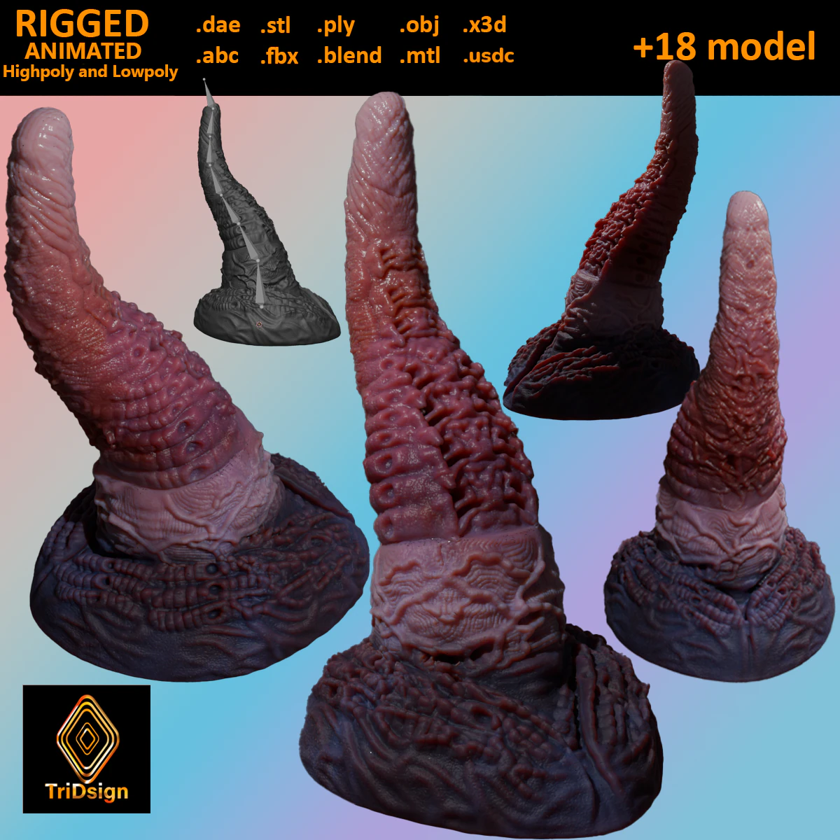 Alien Tentacle Sextoy Rigged Lowpoly and Highpoly 3D Model .c4d .max .obj .3ds .fbx .stl .blend 