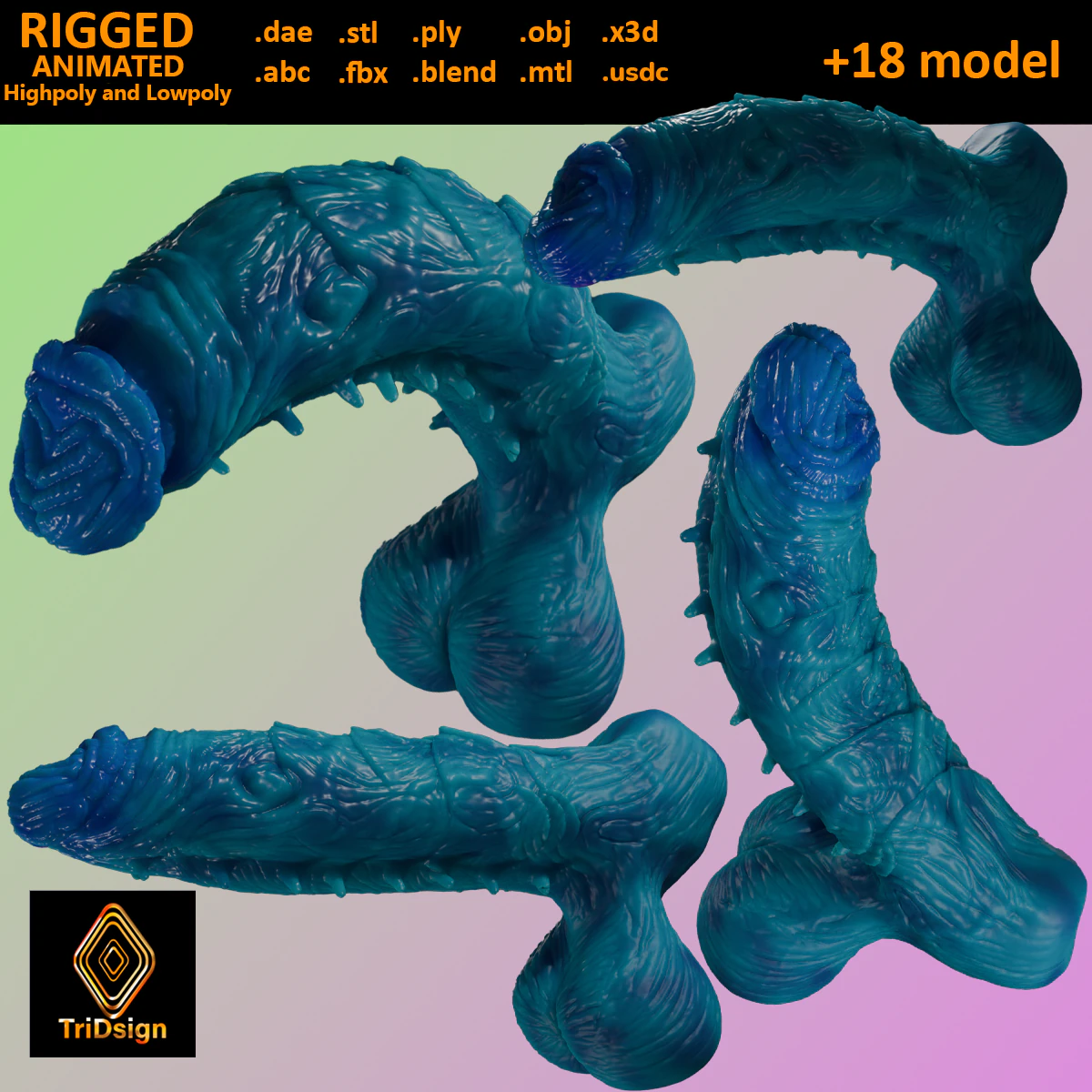 Oni Demon Penis Sextoy Lowpoly and Highpoly Rigged 3D Model .c4d .max .obj .3ds .fbx .stl .blend 