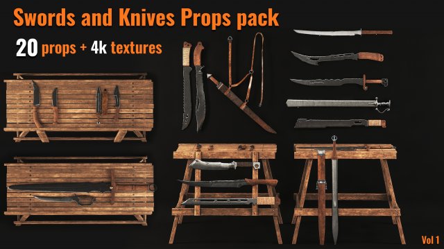 20swords and knives props pack Modelo 3D .c4d .max .obj .3ds .fbx .stl .blend 