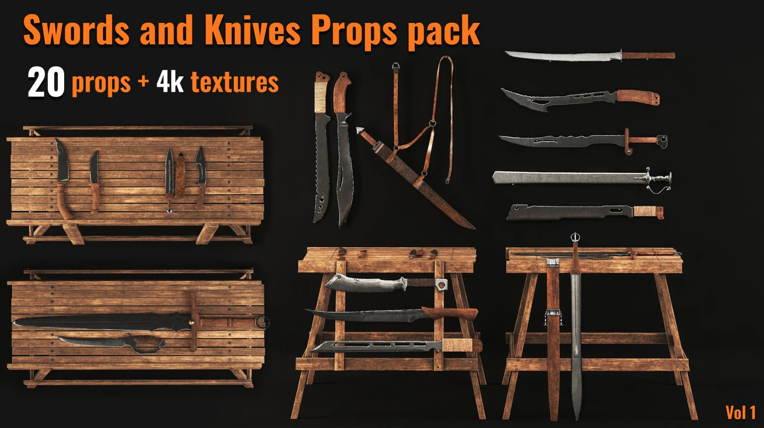 20swords and knives props pack 3D Model .c4d .max .obj .3ds .fbx .stl .blend