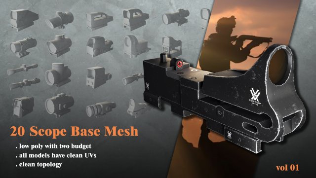 20 Low Poly Scope Base Meshes Low-poly scope asset Modelo 3D .c4d .max .obj .3ds .fbx .stl .blend 