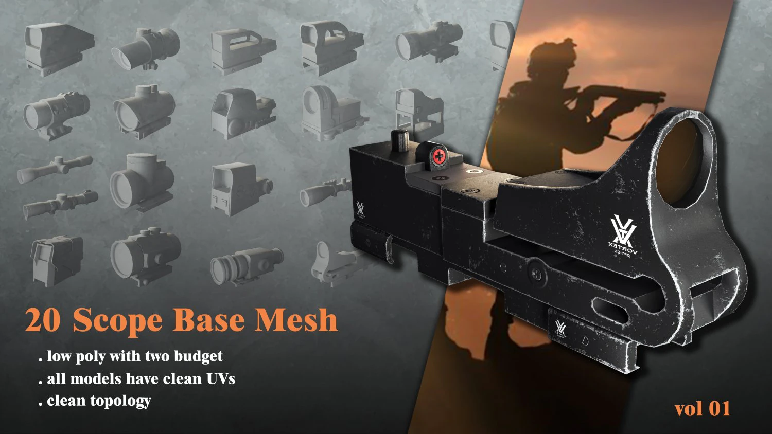 20 Low Poly Scope Base Meshes Low-poly scope asset 3D Model .c4d .max .obj .3ds .fbx .stl .blend 