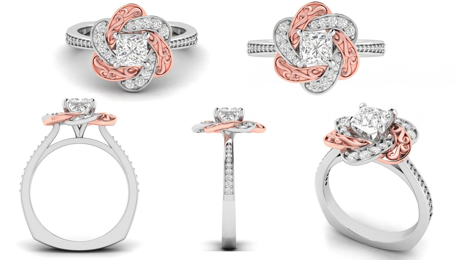 princess cut floral rose gold engagement ring 3D Print Model .c4d .max .obj .3ds .fbx .stl .blend 