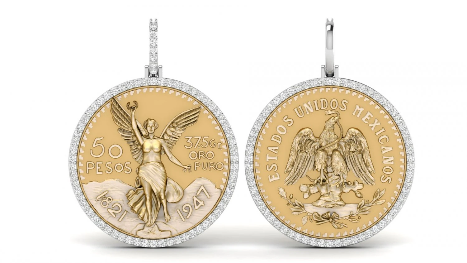 double face mexican 50 pesos gold coin diamond pendant 3D Print Model .c4d .max .obj .3ds .fbx .stl .blend 