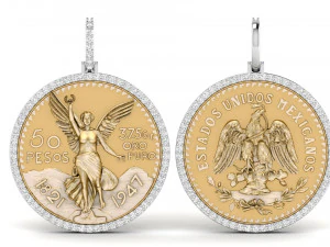 ダブルフェイスメキシコ50ペソ金貨ダイヤモンドペンダント 3Dプリントモデル