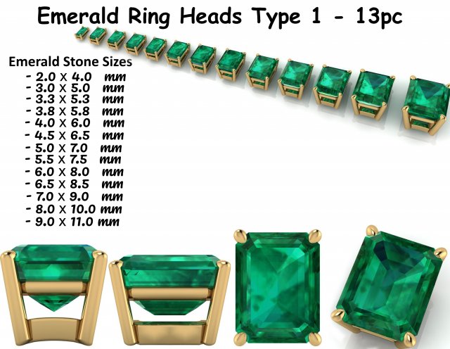 emerald ring heads type 1 - 13pc Model Cetak 3D .c4d .max .obj .3ds .fbx .stl .blend 