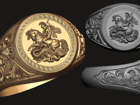 Saint George Relief Gents Signet Ring 3D Print Model