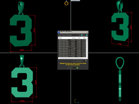 Number 3 Font Plain Gold Pendant Modelo de Impressão 3D