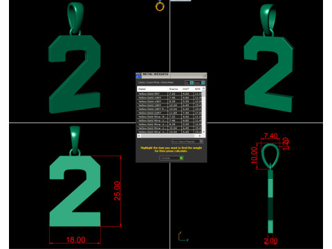 Number 2 Font Plain Gold Pendant Modelo de Impressão 3D