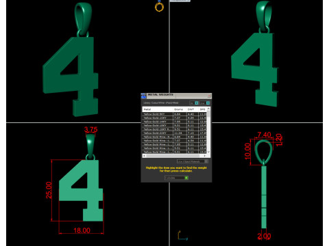 Number 4 Font Plain Gold Pendant 3D 打印模型