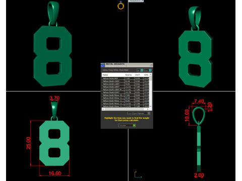 Number 8 Font Plain Gold Pendant 3D Print Model
