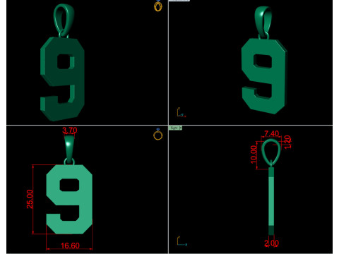 Number 9 Font Plain Gold Pendant 3D 打印模型