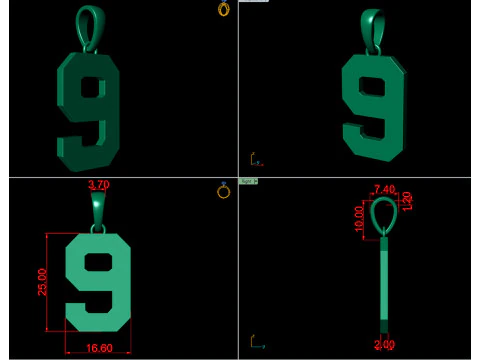 Number 9 Font Plain Gold Pendant 3D Print Model