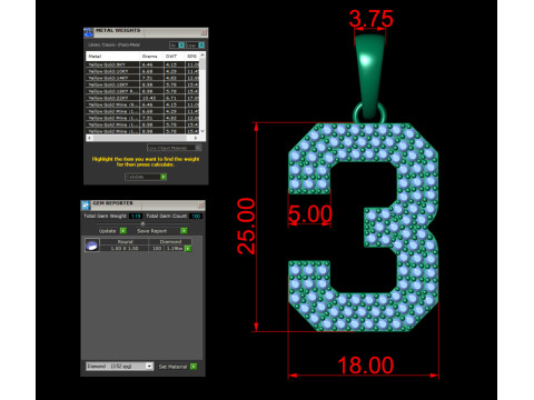 Number 3 Font Diamond Pendant 3D Print Model
