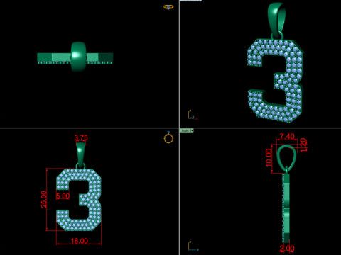 Number 3 Font Diamond Pendant 3D Print Model