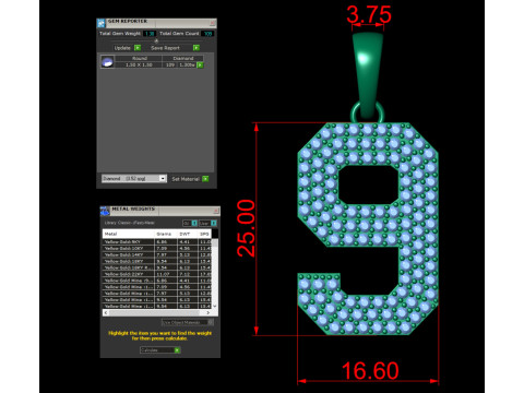 Number 9 Font Diamond Pendant Model Cetak 3D