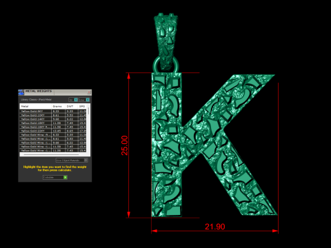 K LETTER INITIAL NUGGET PENDANT 3D प्रिंट मॉडल
