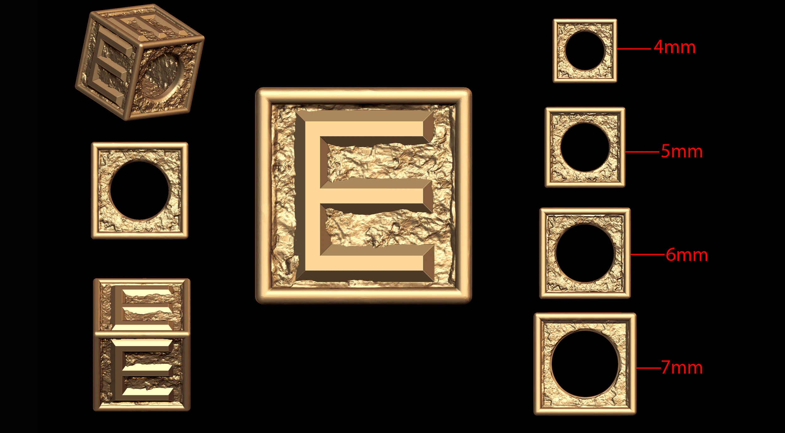 E Letter Nugget Bracelet Bead in 4 sizes 3D Print Model .c4d .max .obj .3ds .fbx .stl .blend 